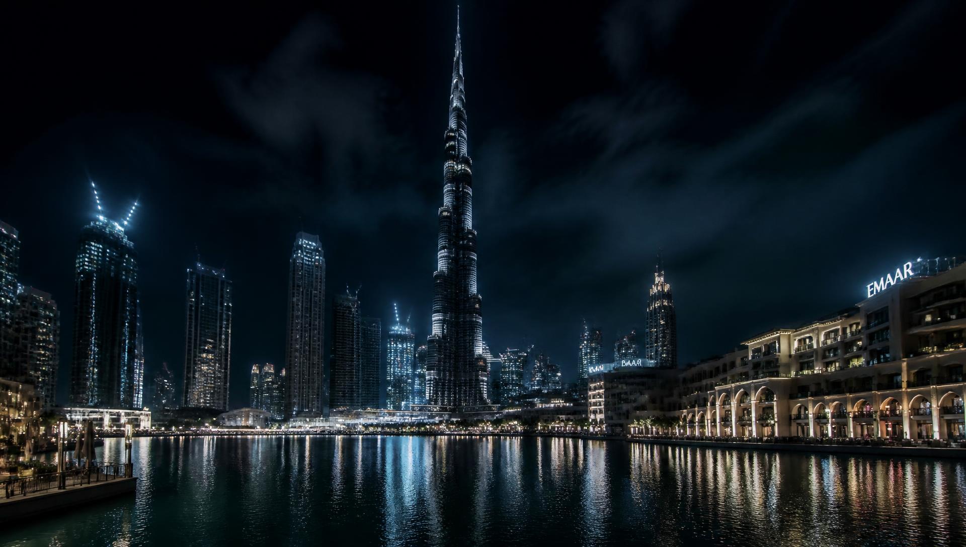 Dubai skyline at night with the Burj Khalifa
